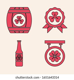 Set Street signboard with four leaf clover, Wooden barrel with four leaf clover, Medal with four leaf clover and Beer bottle with four leaf clover icon. Vector