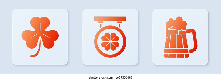 Set Street signboard with four leaf clover, Four leaf clover and Wooden beer mug. White square button. Vector