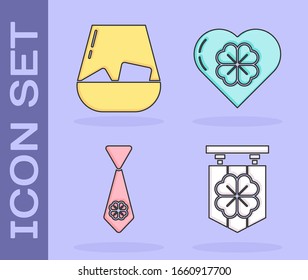 Set Street signboard with four leaf clover, Glass of whiskey, Tie with four leaf clover and Heart with four leaf clover icon. Vector