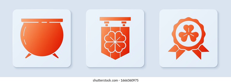 Set Street signboard with four leaf clover, Witch cauldron and Medal with four leaf clover. White square button. Vector