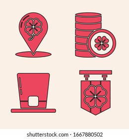 Set Street signboard with four leaf clover, Location and four leaf clover, Gold coin with four leaf clover and Leprechaun hat icon. Vector