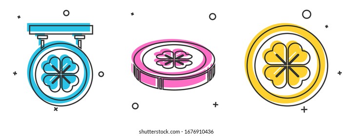 Set Street signboard with four leaf clover, Gold coin with four leaf clover and Gold coin with four leaf clover icon. Vector