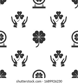 Set Street signboard with four leaf clover, Four leaf clover and Human hands holding four leaf clover on seamless pattern. Vector