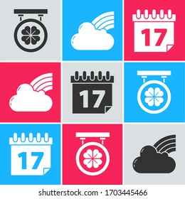 Set Street signboard with four leaf clover, Rainbow with cloud and Saint Patrick's day with calendar icon. Vector