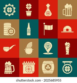 Set Street signboard with four leaf clover, Glass of beer, Leprechaun hat, Money bag, Beer bottle, Gold coin, Bottle cap and National Ireland flag icon. Vector