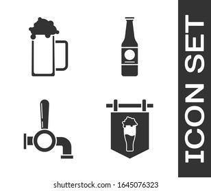 Set Street signboard with glass of beer, Glass of beer, Beer tap and Beer bottle icon. Vector