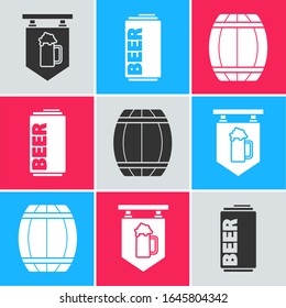 Set Street signboard with glass of beer, Beer can and Wooden barrel icon. Vector