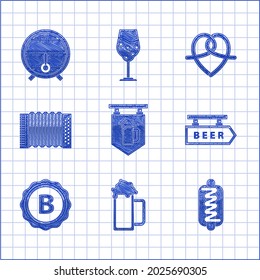 Set Street signboard with glass of beer, Glass, Hotdog sandwich mustard, inscription Beer, Bottle cap, Musical instrument accordion, Pretzel and Wooden barrel rack stopcock icon. Vector