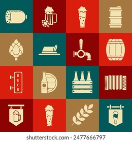 Set Street signboard with glass of beer, Musical instrument accordion, Wooden barrel, Glass, Oktoberfest hat, Hop, Salami sausage and Beer tap icon. Vector