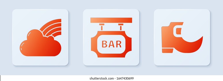 Set Street signboard with inscription Bar, Rainbow with cloud and Tradition leprechaun boots. White square button. Vector