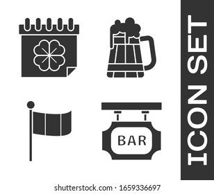 Set Street signboard with inscription Bar, Saint Patricks day with calendar, National Ireland flag and Wooden beer mug icon. Vector