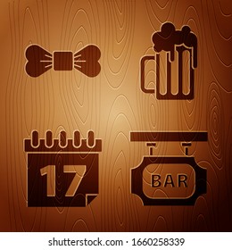 Set Street signboard with inscription Bar, Bow tie, Saint Patrick's day with calendar and Wooden beer mug on wooden background. Vector