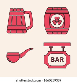 Set Street signboard with inscription Bar, Wooden beer mug, Wooden barrel with four leaf clover and Smoking pipe icon. Vector