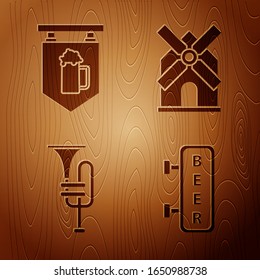 Set Street signboard with inscription Beer, Street signboard with glass of beer, Musical instrument trumpet and Windmill on wooden background. Vector