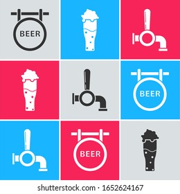 Set Street signboard with inscription Beer, Glass of beer and Beer tap icon. Vector