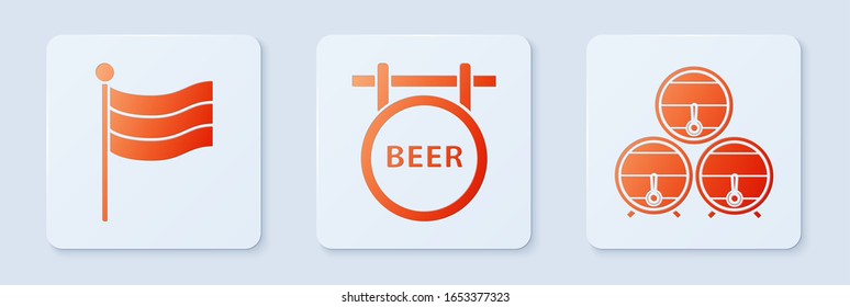 Set Street signboard with inscription Beer, National Germany flag and Wooden barrel on rack with stopcock. White square button. Vector