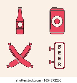 Set Street signboard with inscription Beer, Beer bottle, Beer can and Crossed sausage icon. Vector
