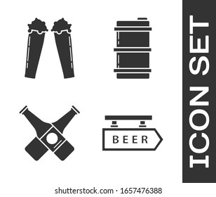Set Street signboard with inscription Beer, Glass of beer, Crossed beer bottle and Metal beer keg icon. Vector