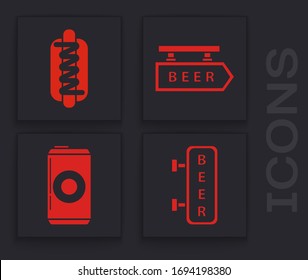 Set Street signboard with inscription Beer, Hotdog sandwich with mustard, Street signboard with inscription Beer and Beer can icon. Vector