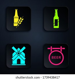 Set Street signboard with inscription Beer, Beer bottle, Windmill and Beer bottle. Black square button. Vector