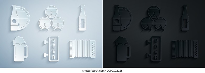 Set Street signboard with inscription Beer, bottle, Glass of beer, Musical instrument accordion, Wooden barrel rack stopcock and and wooden icon. Vector