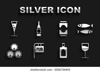 Set Street signboard with Pub, Dried fish, Wine glass, Whiskey bottle, Wooden barrels, Beer can, Glass of champagne and  icon. Vector