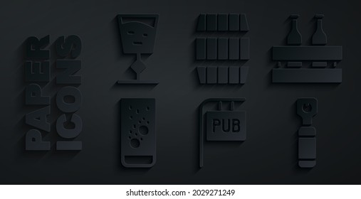 Set Street signboard with Pub, Pack of beer bottles, Effervescent tablets in water, Bottle opener, Wooden barrel and Wine glass icon. Vector