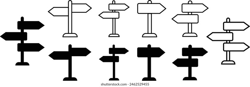 Set von Straßenschild flache Vektorgrafiken Symbole. Wegfindung Zeichen, Navigieren Sie mühelos mit unseren Richtungsschildern. Verkehrslenkungsschilder. Ideal für Anleitung thematisierte Designs auf transparentem Hintergrund.