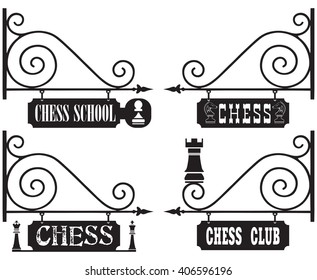 A set of street signs for chess clubs, chess schools, competitions, with chess pieces as decoration.