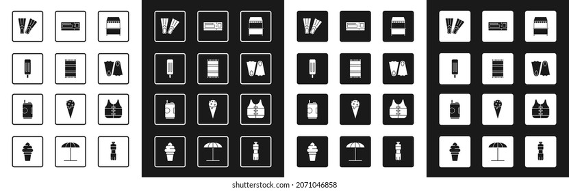 Set Street stall with awning, Beach towel, Ice cream, Rubber flippers, Travel ticket, Life jacket and Soda can icon. Vector