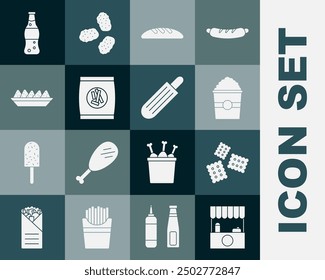 Set Street stall with awning, Cracker biscuit, Popcorn box, Bread loaf, Hard bread chucks crackers, Nachos plate, Bottle of water and French hot dog icon. Vector