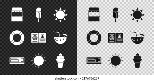 Set Street stall with awning, Ice cream, Sun, Travel ticket, waffle cone, Lifebuoy and Passport icon. Vector