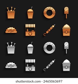 Set Street stall with awning, Ice cream, Popcorn box, Grilled shish kebab, Taco tortilla, Donut, Chicken leg package and Milkshake icon. Vector