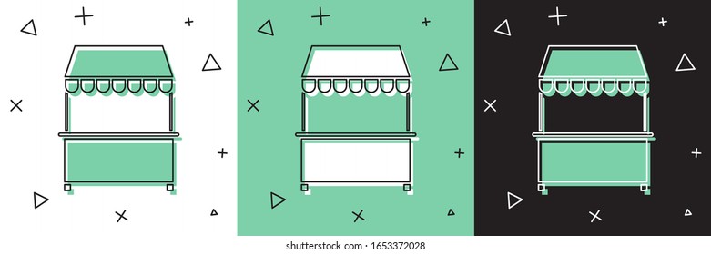 Set Street stall with awning and wooden rack icon isolated on white and green, black background. Kiosk with wooden rack.  Vector Illustration