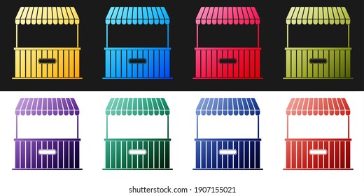Set Street stall with awning and wooden rack icon isolated on black and white background. Kiosk with wooden rack. Vector.