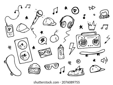a set of street teen icons. a collection of vector contour drawings headphones, skateboard, cap and tape recorder boombox, glasses, brass knuckles and microphone, isolated elements of the color black 