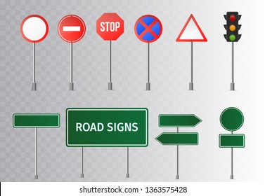 Set of street traffic and green road signs, signpost and guidepost . isolated on transparent background. Vector illustration.  