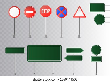 Set of street traffic and green road signs, signpost and guidepost . isolated on transparent background. Vector illustration.  