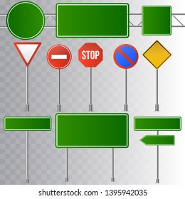 Set of street traffic and green road signs, signpost and guidepost . isolated on transparent background. Vector illustration.