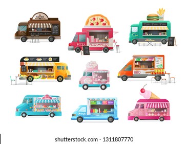 Camión de calle, camioneta de tienda con puesto, mostrador con productos frescos. Transporte, toldo, sobre ruedas, con menú, comida rápida y comida sabrosa, bebidas. Ilustración vectorial aislada.