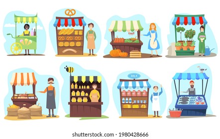 Set Of Street Vendor Booths. Cartoon Vector Illustration. Farm Market, Food Counters, Kiosks With Fish, Vegetables, Plants, Honey And Sellers. Fair, Outdoor Shopping, Store Concept For Banner Design