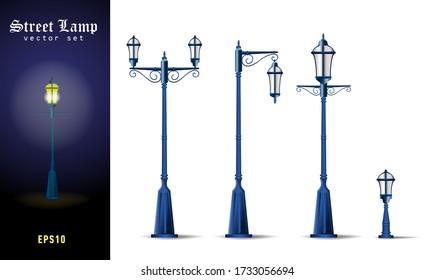 set of street vintage blue lights. Street lamp, Outdoor lamp icons vector. Graphic illustration of typical lamppost in old, retro style.