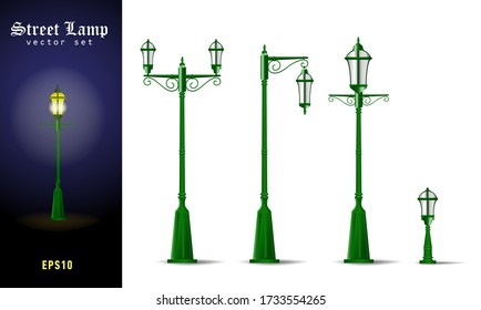 set of street vintage green lights. Street lamp, Outdoor lamp icons vector. Graphic illustration of typical lamppost in old, retro style.