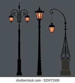 Set of streetlight in the evening. Vector illustration.