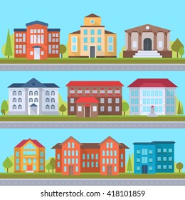 Set of streets with office or administrative buildings, outdoor cartoon architecture set, vector illustration