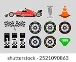 Set streetwear auto racing cartoon stickers. Sport Race Car Driving Championship vector illustration.