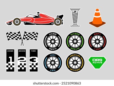 Set calzado auto racing pegatinas de dibujos animados. Ilustración vectorial del Campeonato de Conducción de Automóviles de Carrera Deportiva.