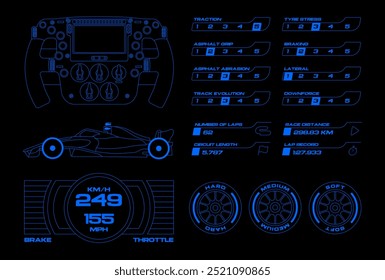 Definir ideias de interface de corrida automática streetwear. Painel de corrida de carros. Corrida da interface do usuário e elementos Infográficos.