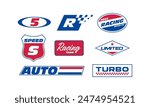 Set streetwear auto racing logo ideas for a clothing brand. Design vector typography for decals auto and t-shirt streetwear clothing y2k style.