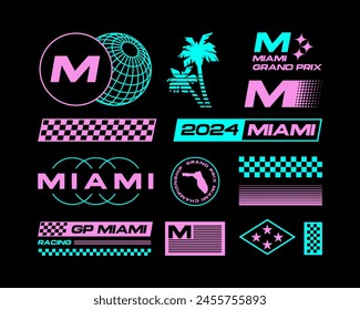 Set streetwear auto racing logo ideas for a clothing brand. Design vector typography for decals auto and t-shirt Miami, USA streetwear clothing y2k style.